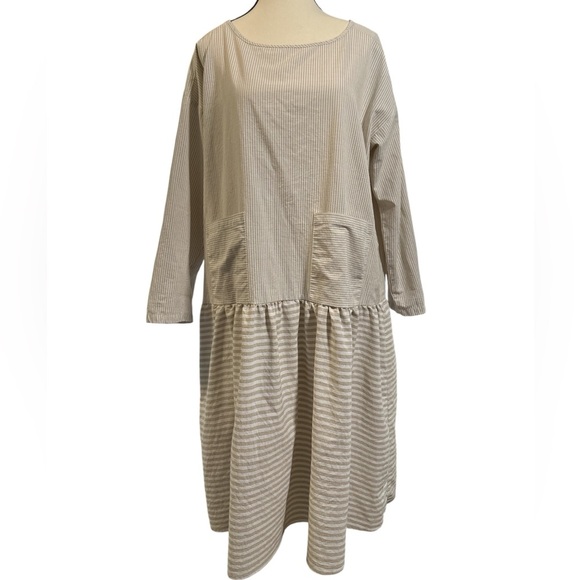 MISSLOOK Tan and White Striped Long Sleeve Drop Waist Dress - Picture 6 of 7